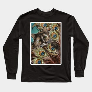 Tortie Cat and Peacock Feathers - White Outlined Version Long Sleeve T-Shirt